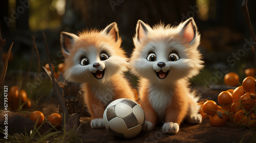 Dois filhotes de raposa branca brincando com bola na floresta - Ilustração infantil 3d  photo