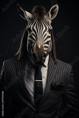 zebra vestido com um terno elegante e uma bela gravata. Retrato fashion de um animal antropom  rfico posando com uma atitude humana