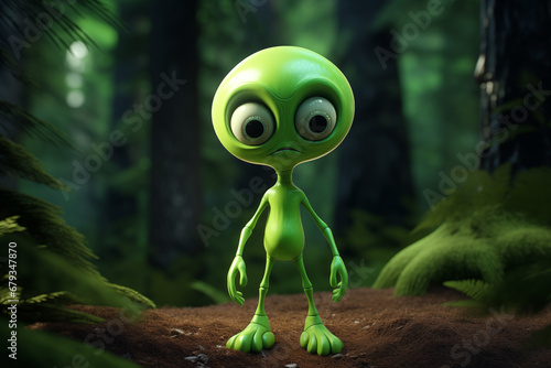 Alien verde assustado na floresta - Ilustração infantil 3d