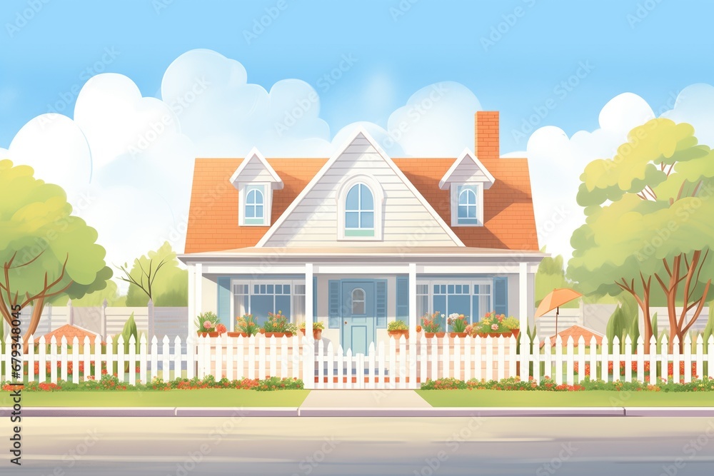 cape cod with dormers, white picket fence in front, magazine style illustration