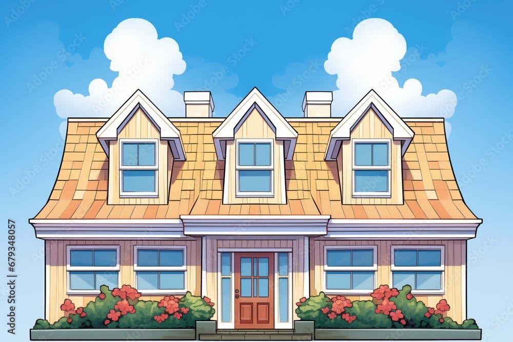 symmetrical dormers on a cape cod home against blue sky, magazine style illustration