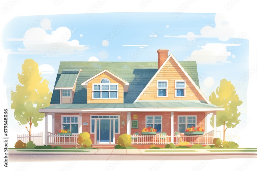 cape cod house with dormers, front porch in view, magazine style illustration