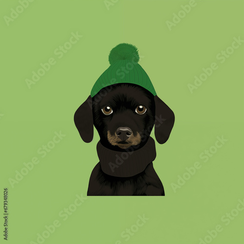 Cachorro preto com touca verde de inverno - Ilustração infantil de inverno  photo