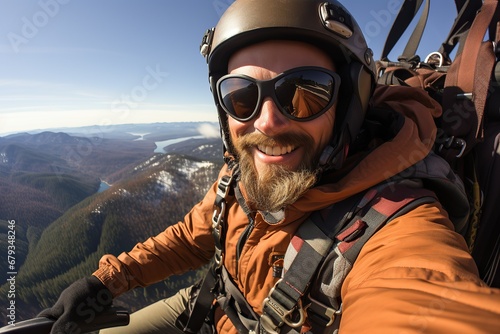 Smiling bearded pilot taking a selfie while paragliding above mountains