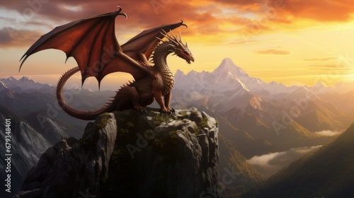 Majestic dragon perched on mountain peak overlooking AI generated illustration