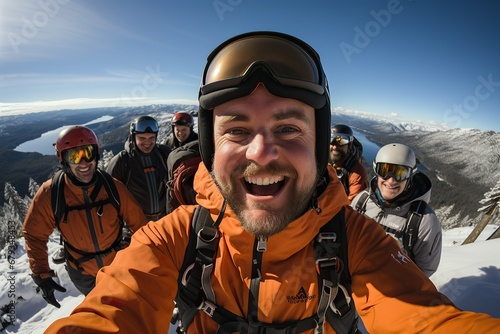 Group of happy snowboarders taking a selfie on mountain