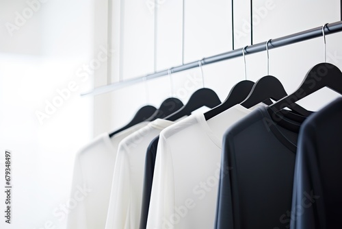 Stylish clothes on hangers, attracting fashionistas looking for a variety of clothing options. photo