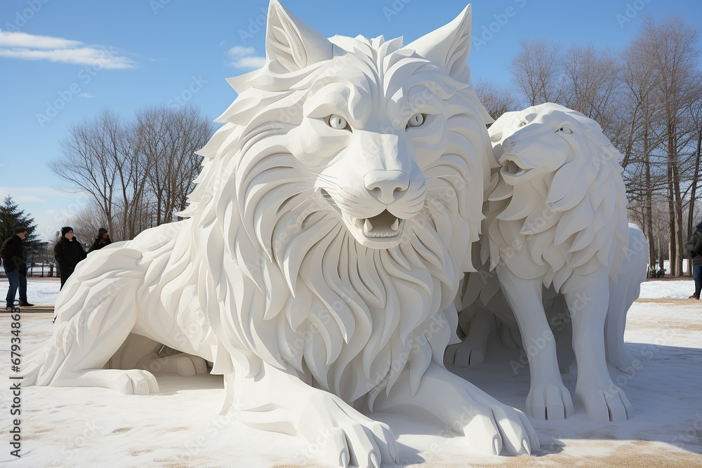 Two majestic ice wolf sculptures exude a silent strength, standing guard in a serene winter setting, embodying the wild's elegance and the art of ice sculpting Two majestic ice wolf sculptures exude a silent strength, standing guard in a serene winter setting, embodying the wild's elegance and the art of ice sculpting