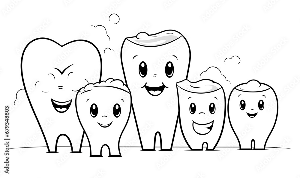 Coloring page of teeth family with foam. Dental ornaments practice for ...