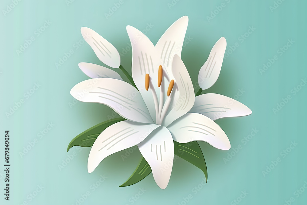 Greeting card template with white lily flowers on a blue background in a minimalist style