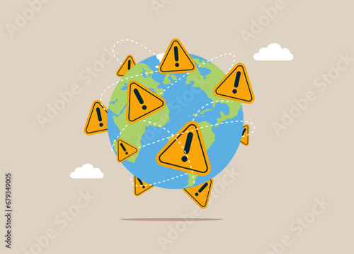 Incidents with exclamation attention sign on world map. Vector illustration