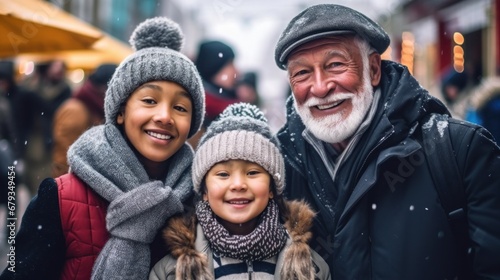 Faces light up with joy as a family explores the Christmas market on a winter day.