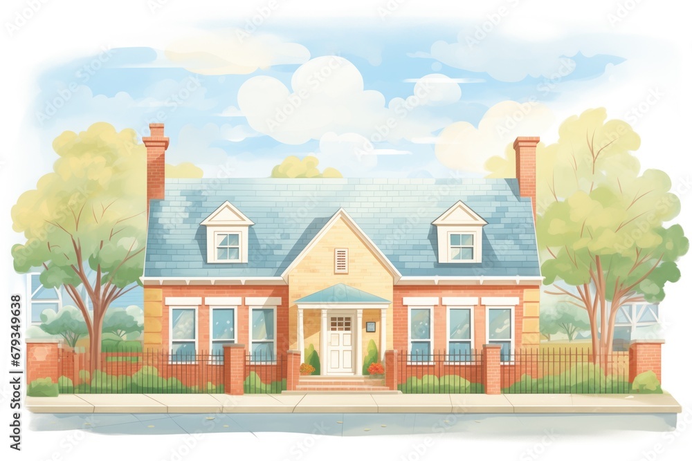 brick colonial house with a gently sloping roof, magazine style illustration