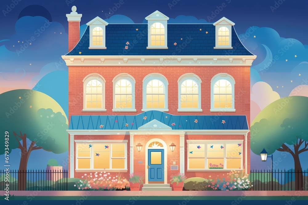 lighted colonial house facade at twilight, magazine style illustration lighted colonial house facade at twilight, magazine style illustration