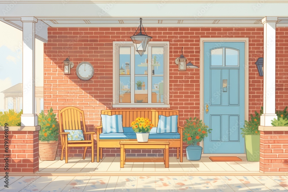 cozy brick porch on colonial house, magazine style illustration