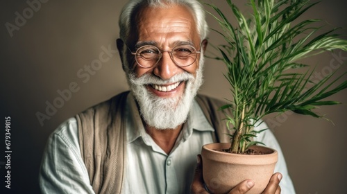 The senior man expresses happiness as he embraces a houseplant.