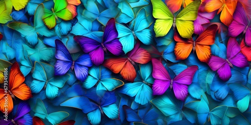 Colors of rainbow. Pattern of multicolored butterflies morpho, texture background. photo