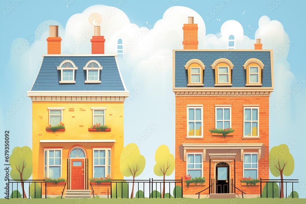 dual chimneys stand out on colonial houses sunny facade, magazine style illustration