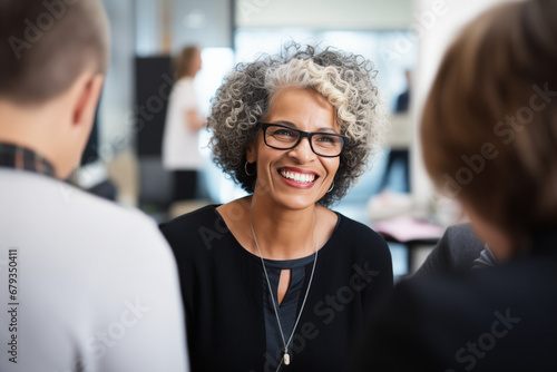 Confident senior business woman talking at workplace with colleagues.  photo