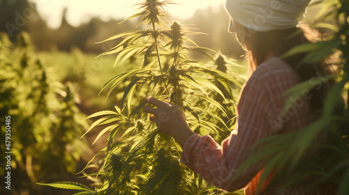 Weibliche Cannabis-Farmerin kontrolliert Cannabis Pflanze - KI generiert photo
