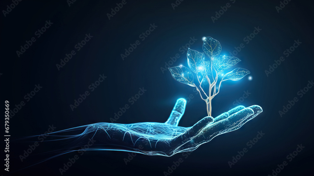 Digital human hand holding the plant in its palm. Copy space - obrazy, fototapety, plakaty 