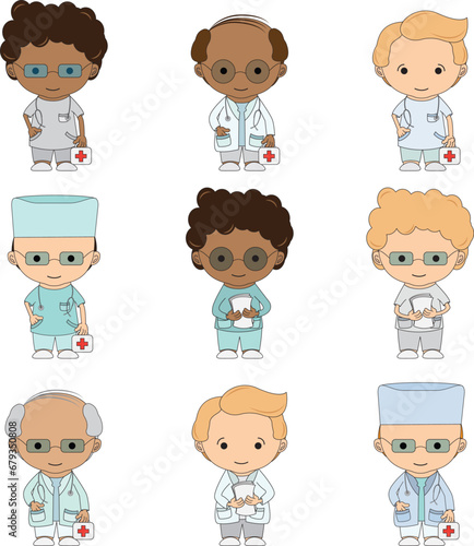 Set Illustrations medical personnel, doctor, nurse, health, medicine. Collection Medical characters. Cute doctors, stomatologs and nurses. Men and women are avatars. Vector flat illu