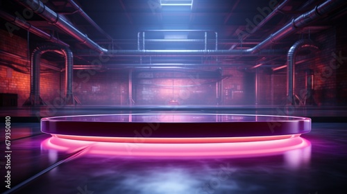 Purple empty scene with blue line neon lamps on back AI generated illustration