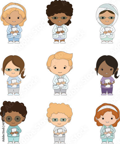 Set Illustrations medical personnel, doctor, nurse, health, medicine. Collection Medical characters. Cute doctors, stomatologs and nurses. Men and women are avatars. Vector flat illu