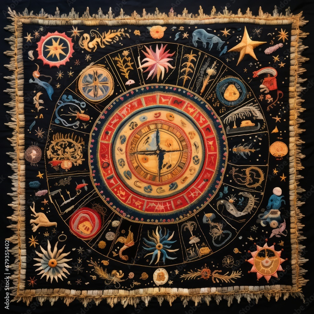 a colorful tapestry with zodiac signs