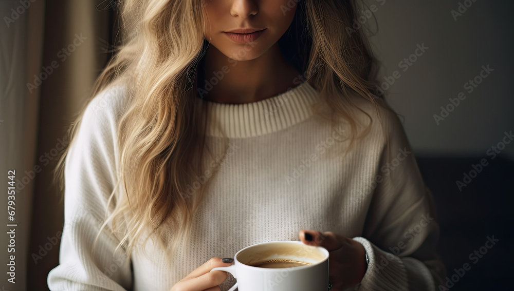 custom made wallpaper toronto digitalmujer joven sosteniendo en sus manos una taza de café de cerámica blanca, con salón de fondo