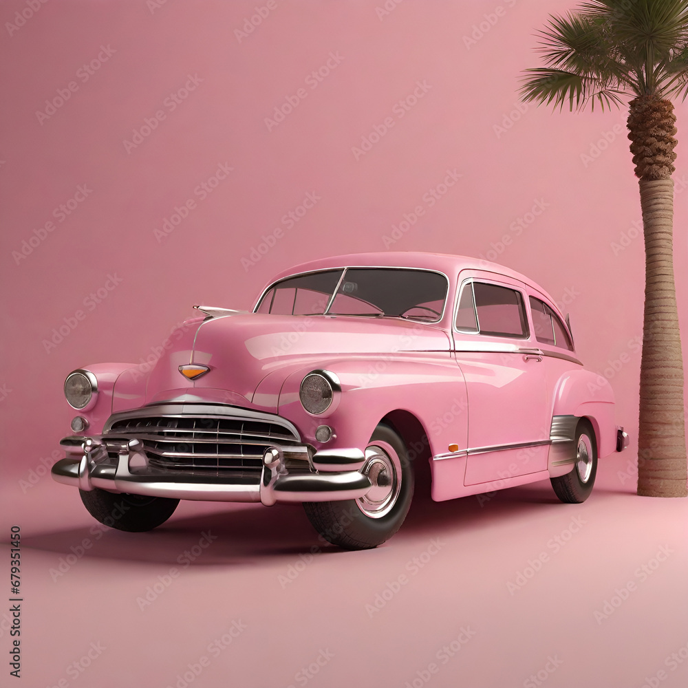 Classic pink car on a pink background and palm trees.