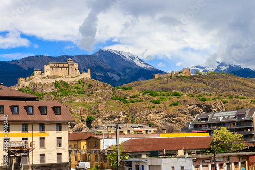 View of Tourbillon Castle and Valere Basilica in Sion, Switzerland © olyasolodenko
