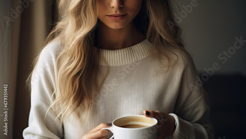 mujer joven sosteniendo en sus manos una taza de café de cerámica blanca, con salón de fondo photo
