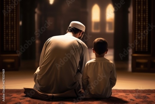 Muslim father and his son pray the koran in a mosque
