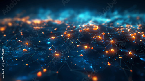 Abstract blue technology background with a cyber network grid and connected particles, teal and orange. Artificial neurons, global data connections - Generated by Generative AI