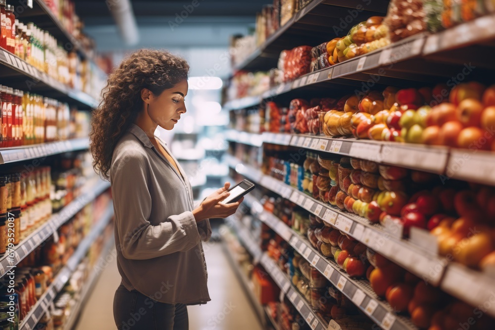 Smart Shopping: Woman Exhibits Informed Consumer Behavior by Analyzing Nutrition, Prices, and Ingredients in the Grocery Store
