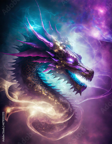 Ice and Electric fractal neon dragon drifting in smoke. Epic fractal psychedelic powerful dragon