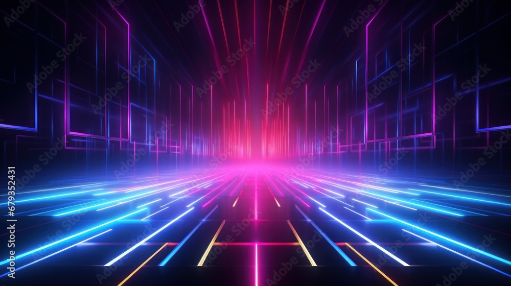 A 3D rendering of an abstract neon geometric background resembling a stage with laser show illumination. It features colorful rectangular shapes, square frames, and glowing neon lines, exuding a minim A 3D rendering of an abstract neon geometric background resembling a stage with laser show illumination. It features colorful rectangular shapes, square frames, and glowing neon lines, exuding a minim
