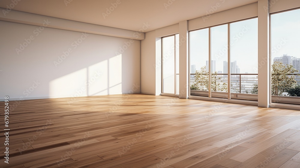 Fototapeta premium Empty living room with hardwood floor in modern apartment