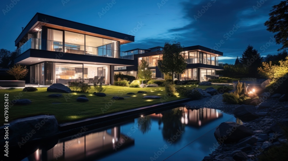 Nighttime panorama capturing a modern home's exterior and interior lighting, showcasing architectural features under the evening glow