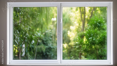 Freshly installed plastic PVC window with a white metal frame in a contemporary home  capturing a blurred background of lush green trees. An advertising concept portraying modern architecture