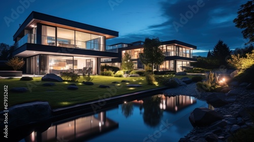 Nighttime panorama capturing a modern home s exterior and interior lighting  showcasing architectural features under the evening glow
