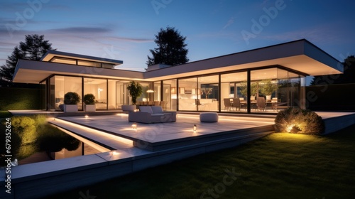 Nighttime panorama capturing a modern home's exterior and interior lighting, showcasing architectural features under the evening glow
