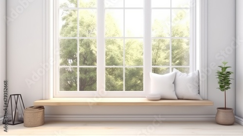 3D-rendered side window seat within a white room, adorned with a wooden seat embellished with numerous pillows. Large windows offer a captivating view of nature's landscape