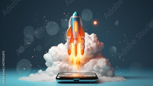 A creative concept depicting a space rocket launching from a mobile device, accompanied by smoke. Symbolizing innovation and startup success, it represents application development, optimization