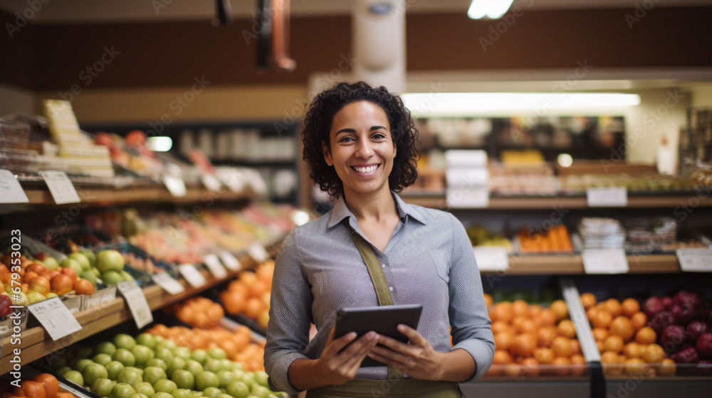 Smiling female supermarket employee in an apron is holding a tablet, standing in the produce section with fruits and vegetables in the background.