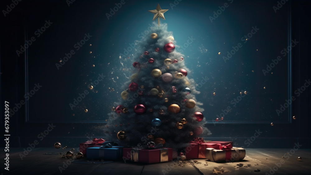 Christmas and New years eve Background. Magic Glowing Christmas Tree. Amazing Christmas celebration, Chrismas tree decoration - obrazy, fototapety, plakaty 