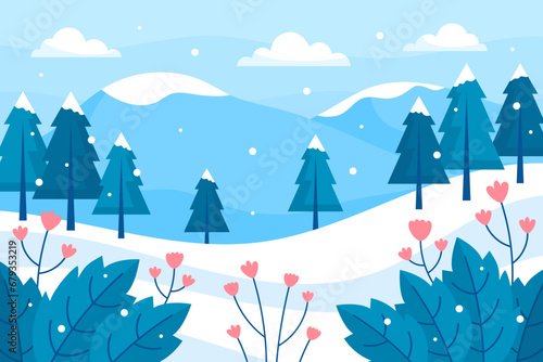 Winter Season Trees and Mountain Scenery Background for Wallpaper or Presentation