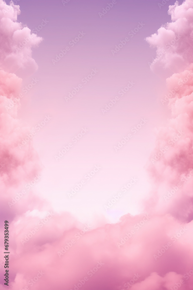 Fototapeta premium Natural frame made of fluffy white clouds on pink sky background. Flat lay, copy space. free space for text
