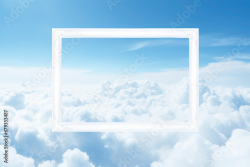 Natural frame made of fluffy white clouds on blue sky background. Flat lay, copy space. free space for text
